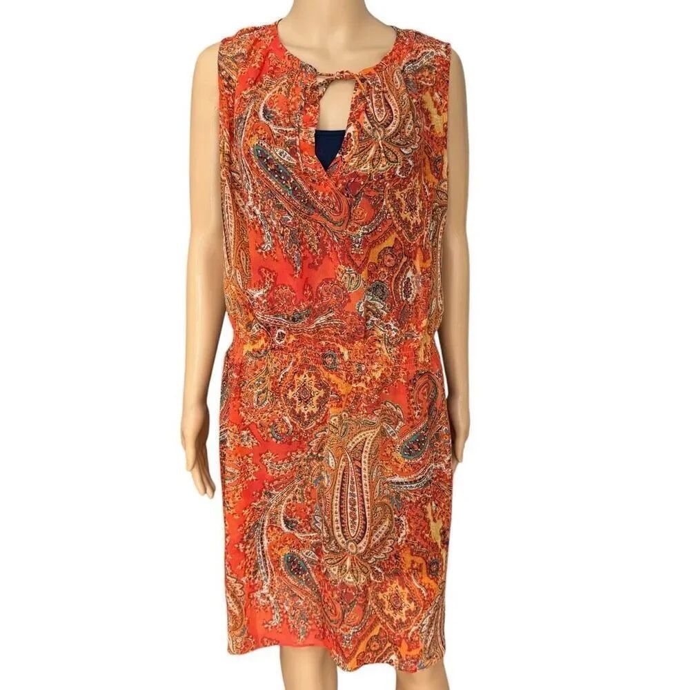 Lauren Ralph Lauren Orange Paisley Print Smocked Waist Layered Dress Sz 12